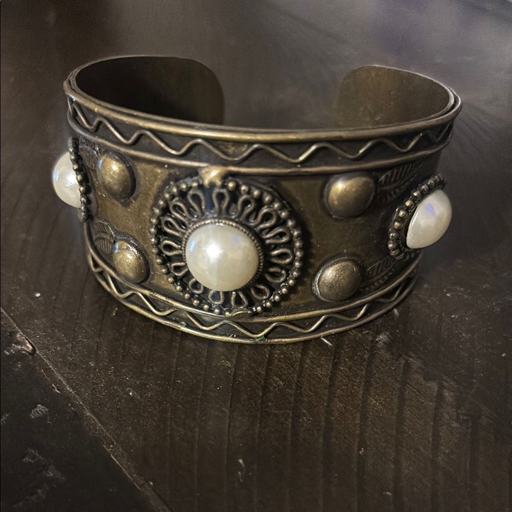 Faux Gold Cuff Bracelet with Pearl Accents
